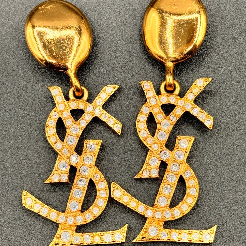 YVES SAINT LAURENT Vintage YSL Massive Diamante Logo Dangling Earrings - Picture 1 of 11